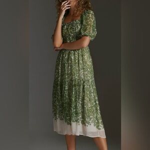 Anthropologie Green and Cream Smocked Midi Dress Large NWT